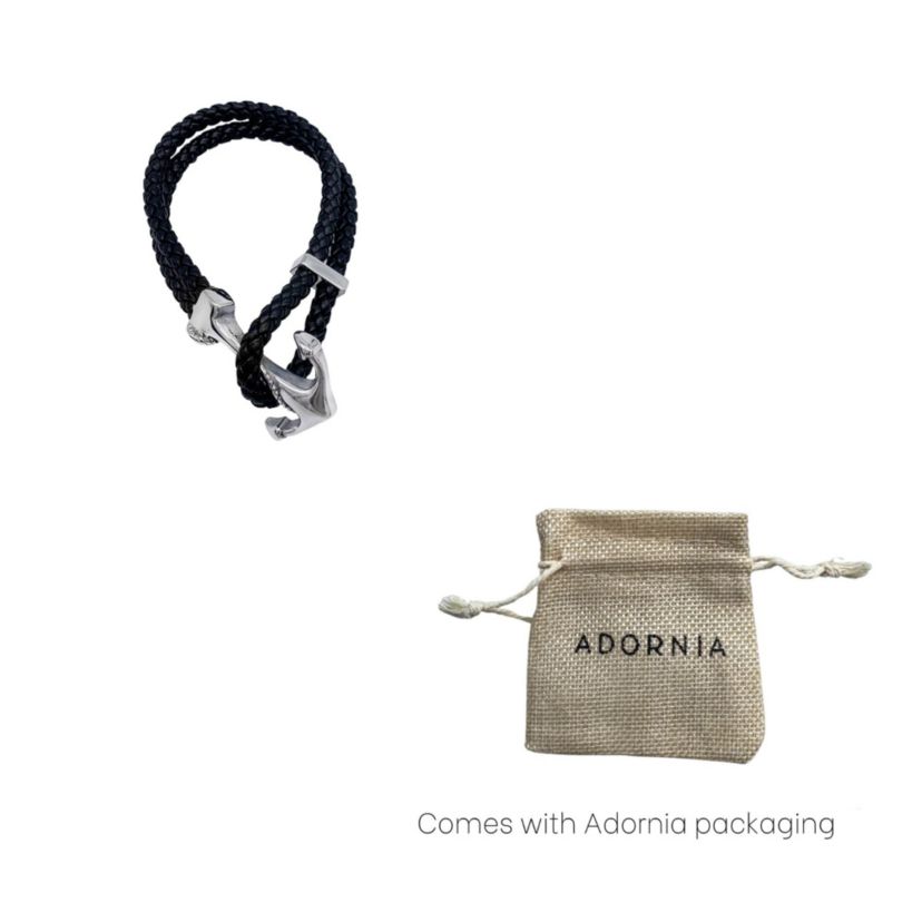 Mens Tarnish Resistant Rhodium Plated Leather and Anchor Hook Bracelet