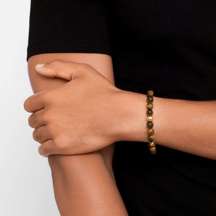 Mens Tarnish Resistant Tigers Eye Bead Stretch Bracelet