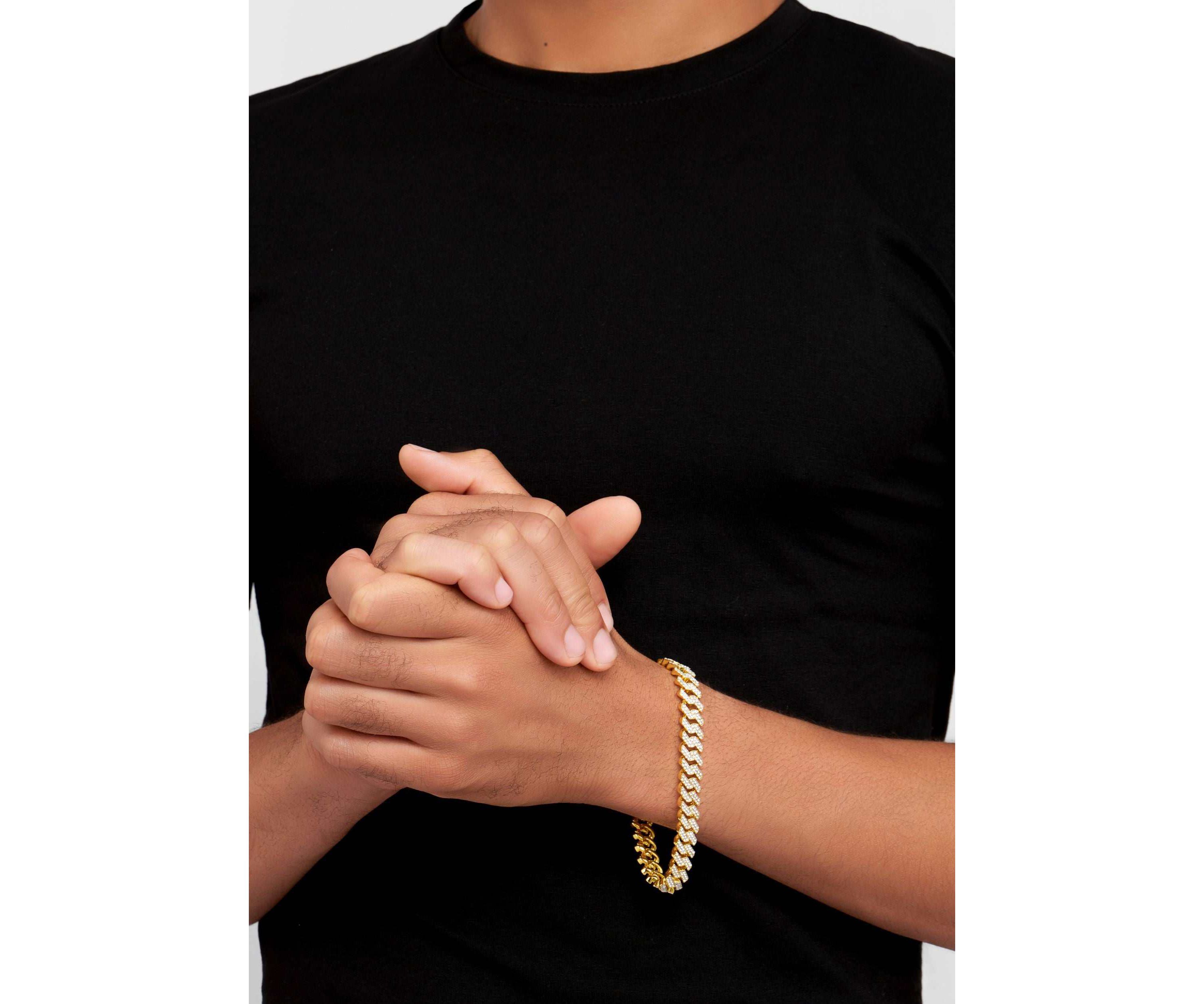 Mens 14k Gold Plated 10mm Cuban Edge Chain CZ Bracelet