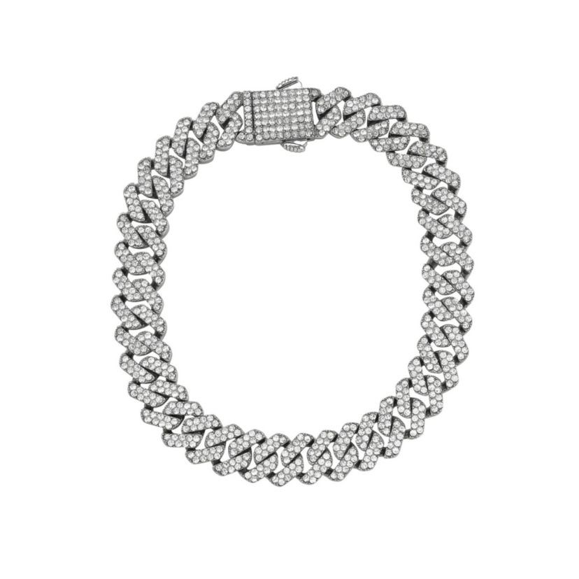Mens Rhodium Plated 10mm Cuban Edge Chain Bracelet with CZ