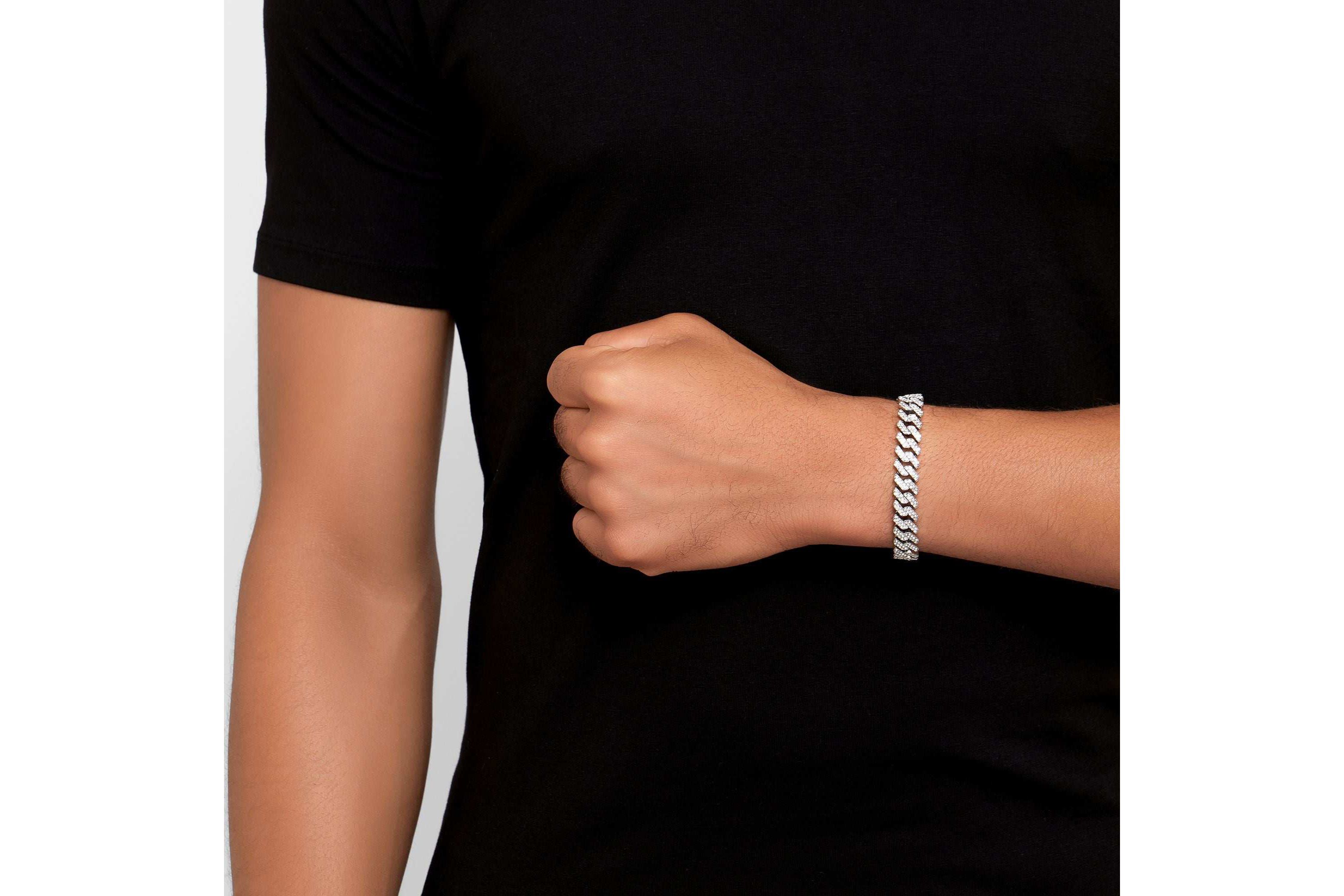 Mens Rhodium Plated 10mm Cuban Edge Chain Bracelet with CZ