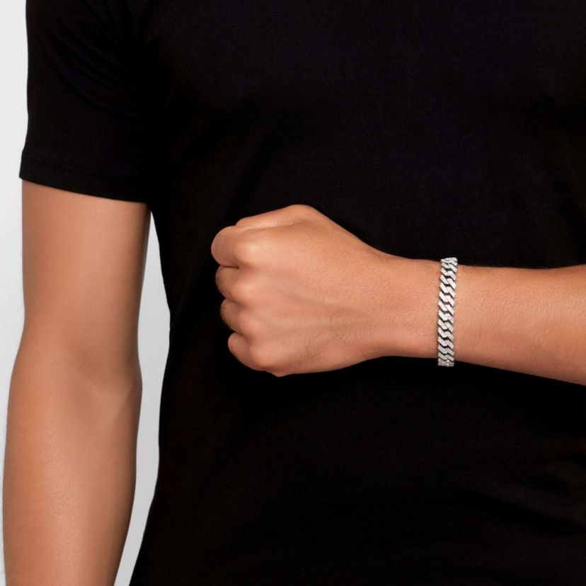 Mens Rhodium Plated 10mm Cuban Edge Chain Bracelet with CZ