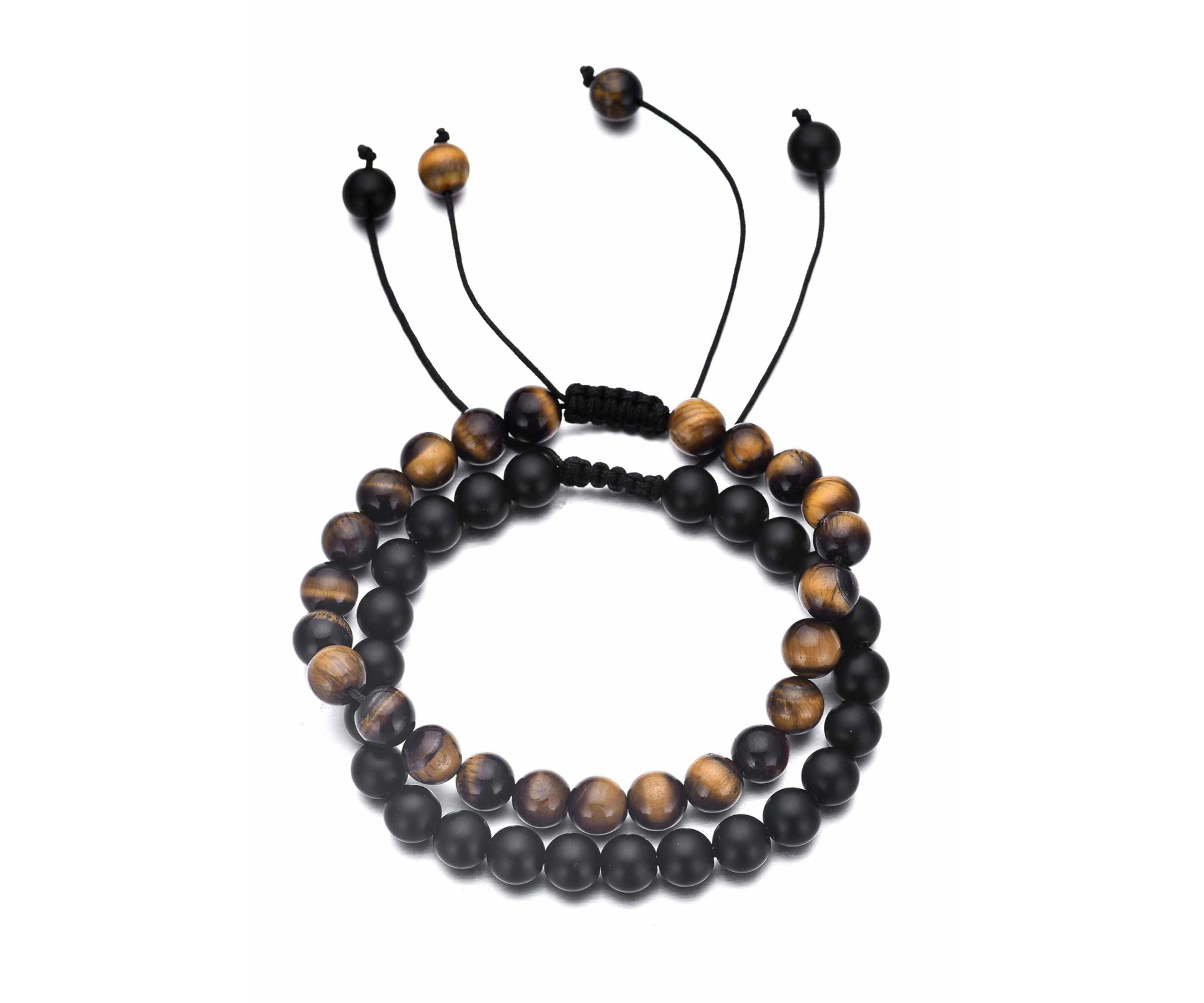 Adjustable Mens Black and Tigers Eye Bracelet Set