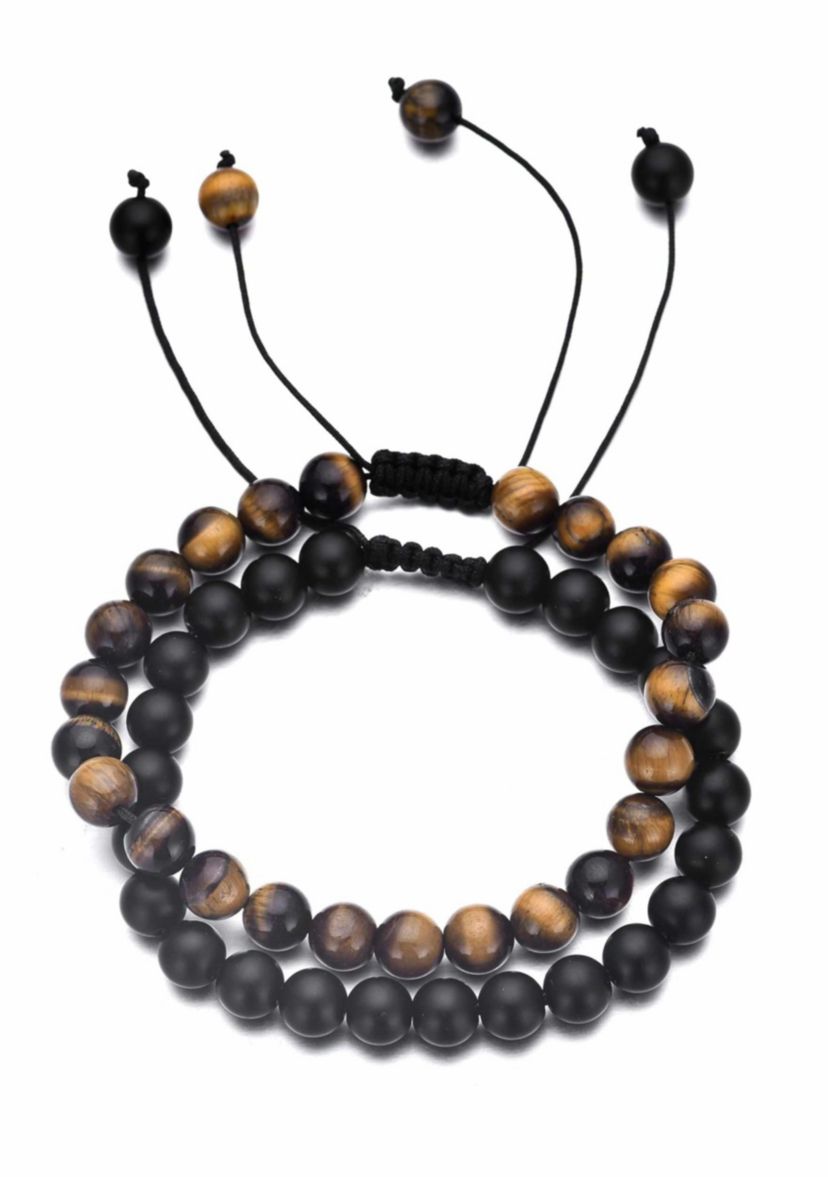 Adjustable Mens Black and Tigers Eye Bracelet Set