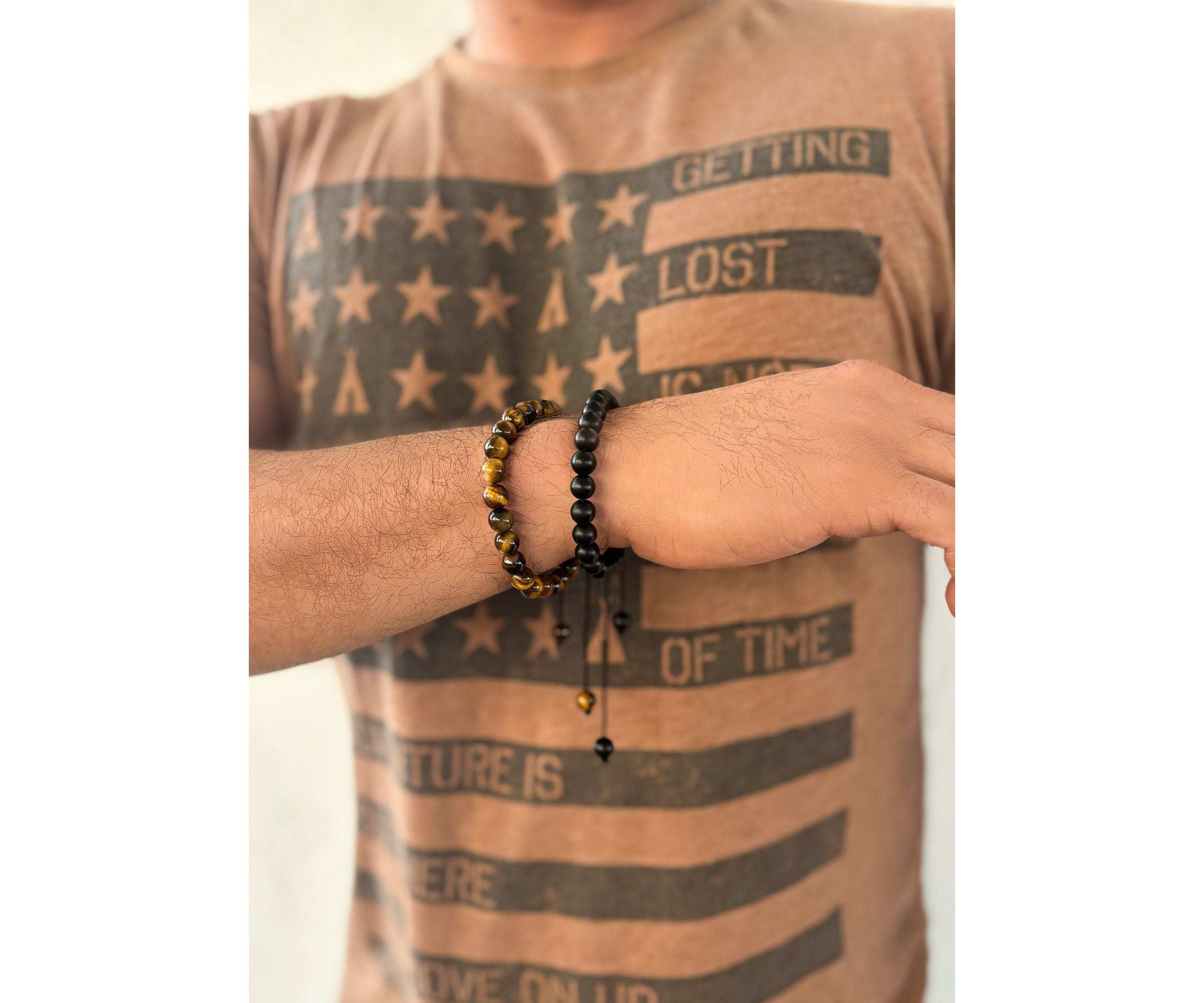 Adjustable Mens Black and Tigers Eye Bracelet Set