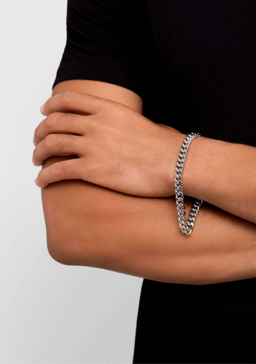 Tarnish Resistant Mens Set of Two Silver Chain Bracelets