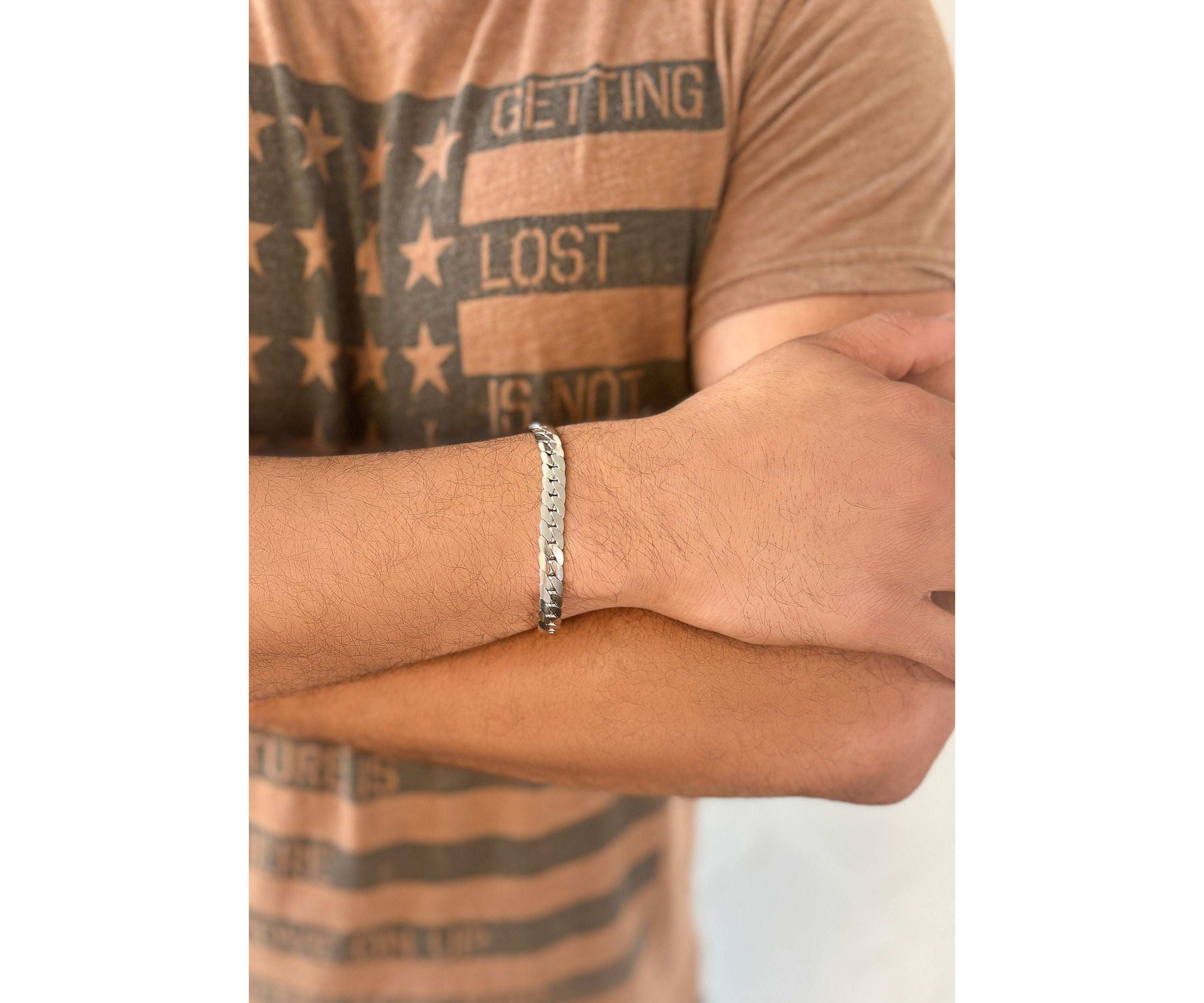 Tarnish Resistant Mens Silver Plated Flat Curb Chain Bracelet