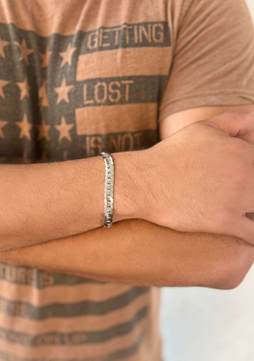 Tarnish Resistant Mens Silver Plated Flat Curb Chain Bracelet