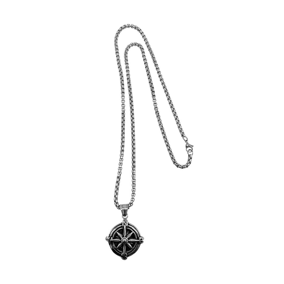 Mens Tarnish Resistant Rhodium Plated Compass Chain Necklace