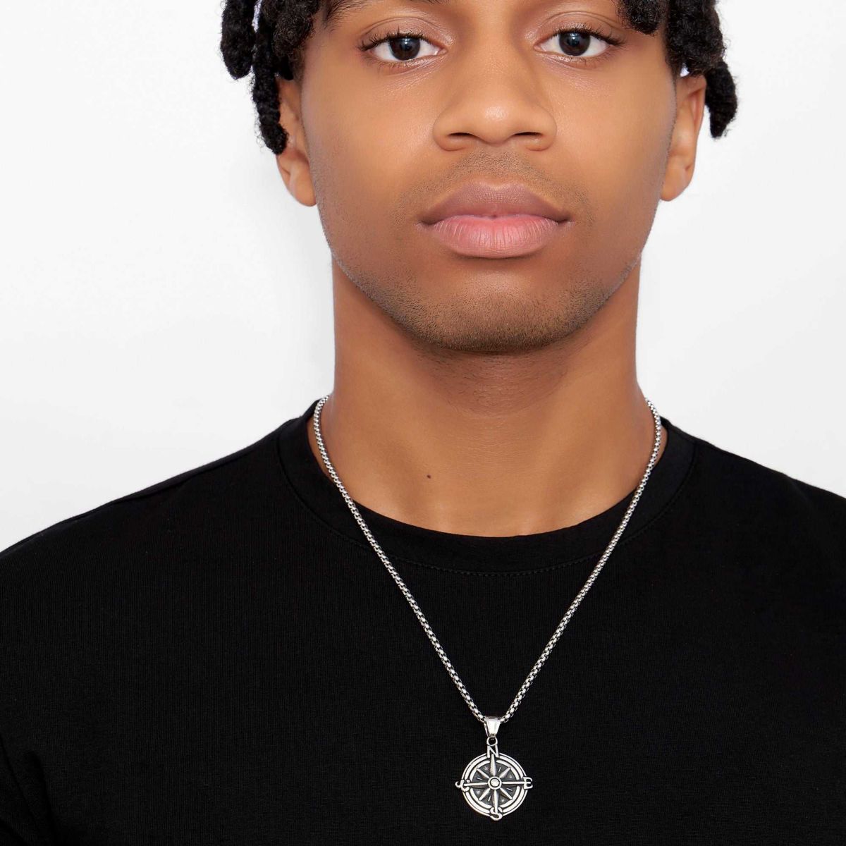 Mens Tarnish Resistant Rhodium Plated Compass Chain Necklace