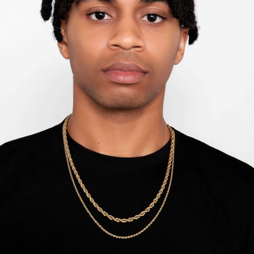 Mens Tarnish Resistant 14k Gold Plated Rope Chain Set