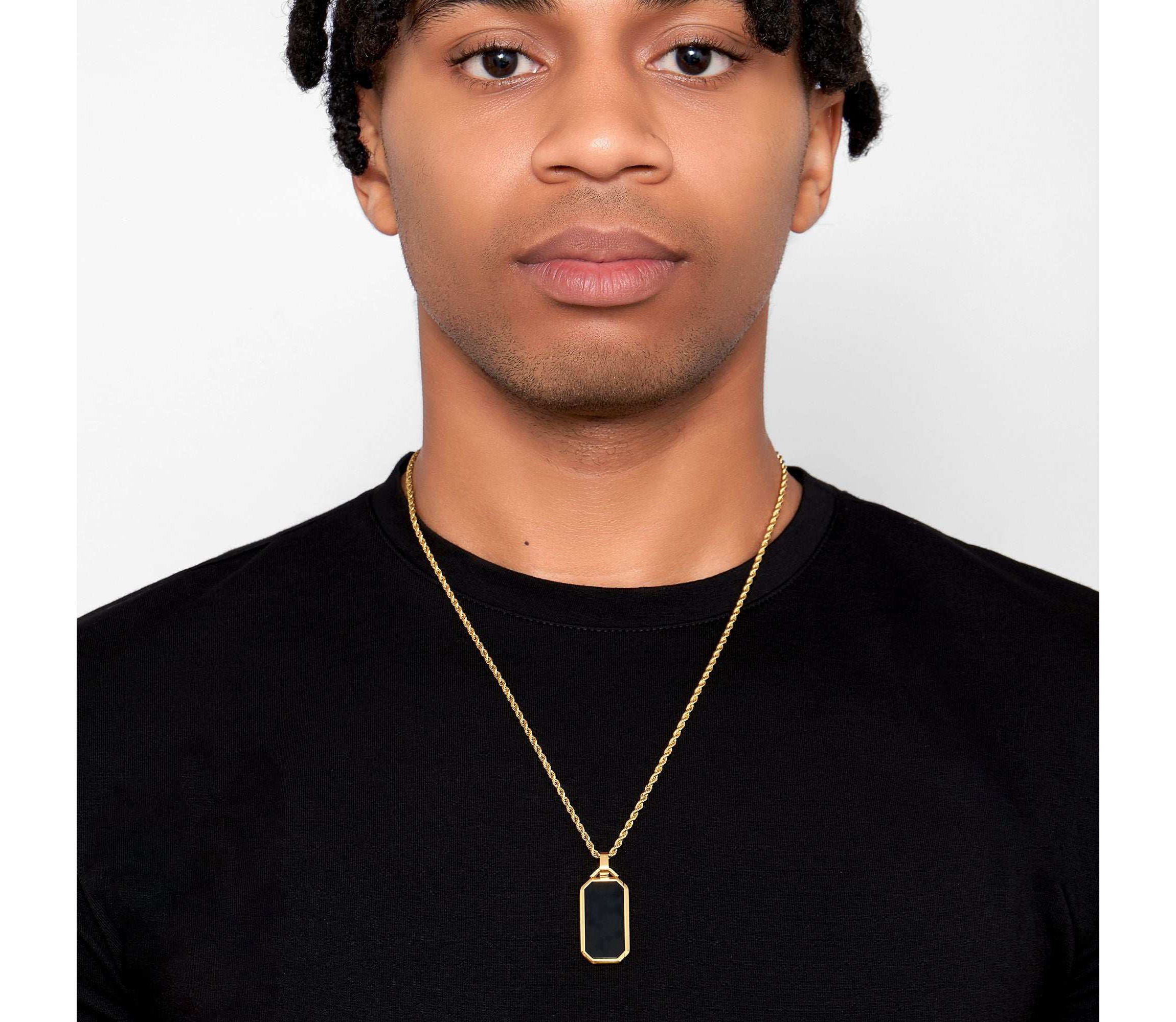 Mens Tarnish Resistant Black Dogtag Rope Chain Pendant Necklace gold