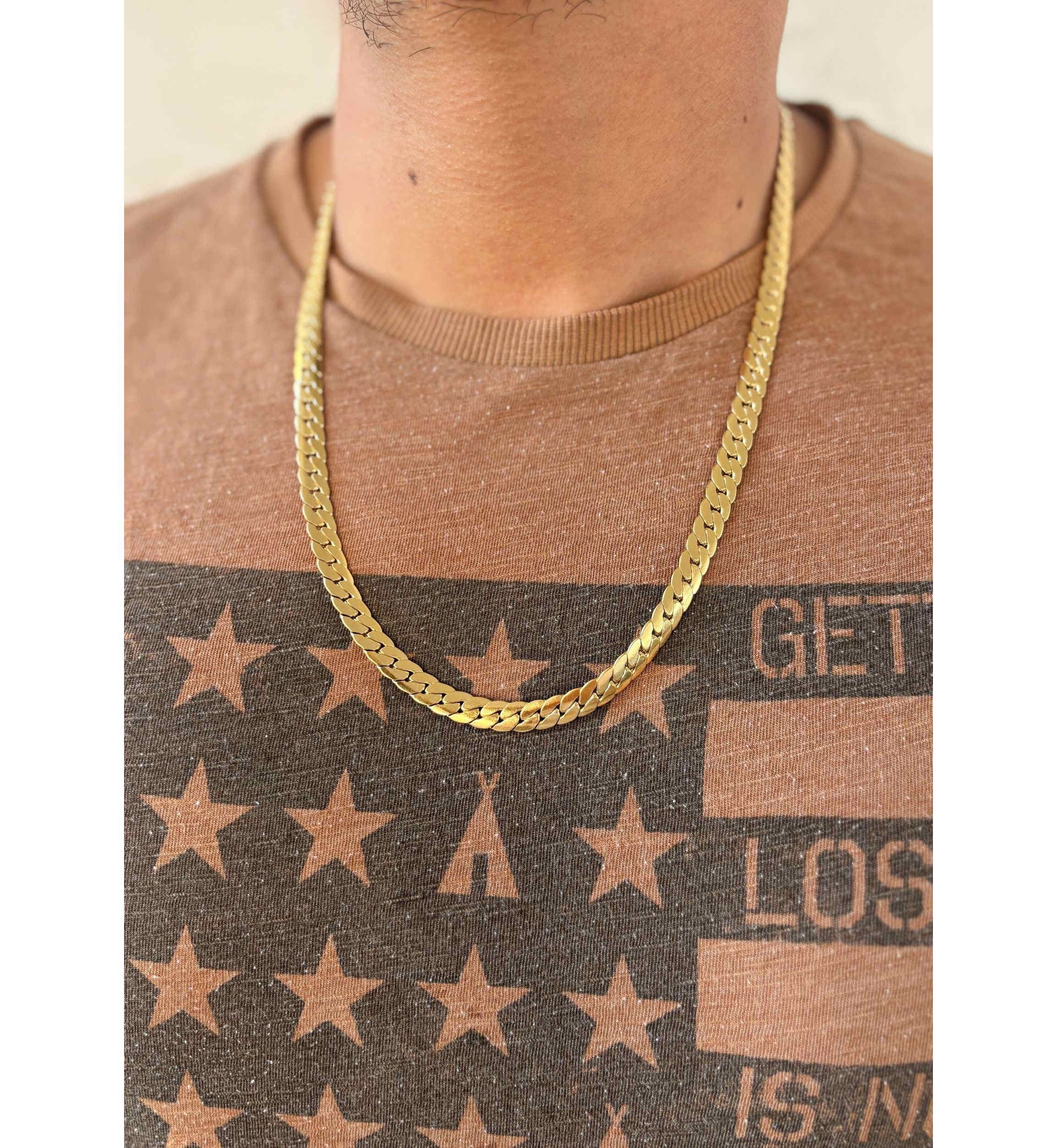Tarnish Resistant Mens 18k Gold Plated Flat Curb Chain Necklace