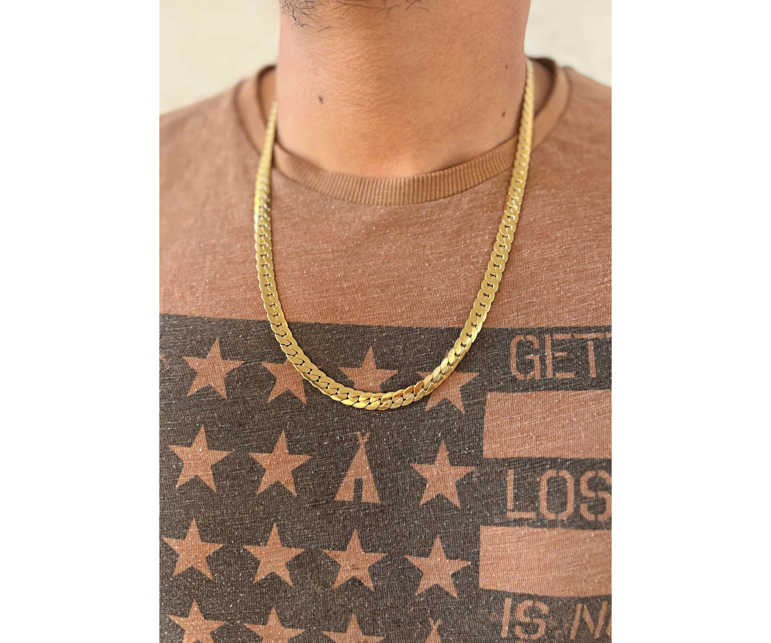 Tarnish Resistant Mens 18k Gold Plated Flat Curb Chain Necklace