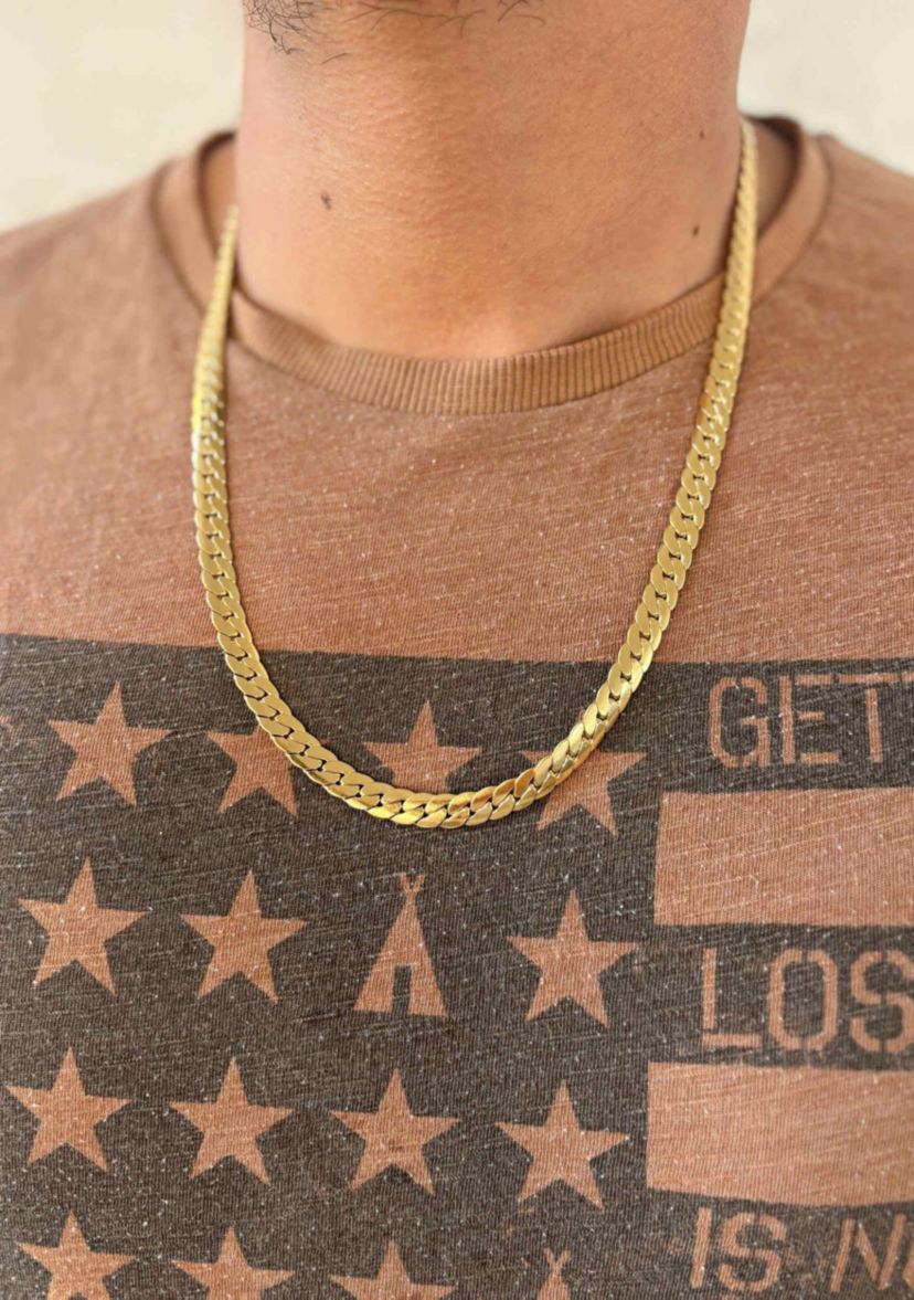 Tarnish Resistant Mens 18k Gold Plated Flat Curb Chain Necklace