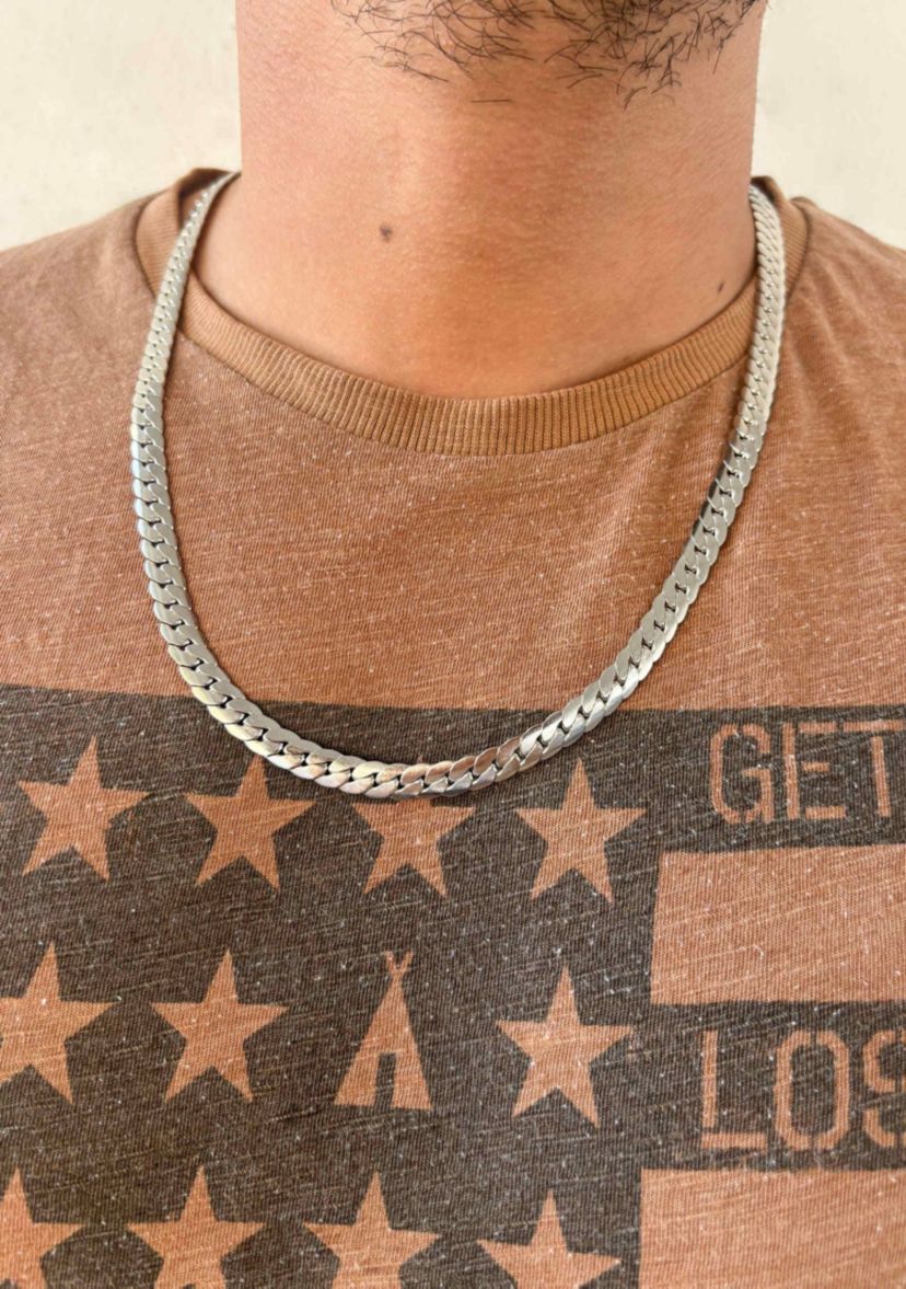 Tarnish Resistant Mens Silver Plated Flat Curb Chain Necklace