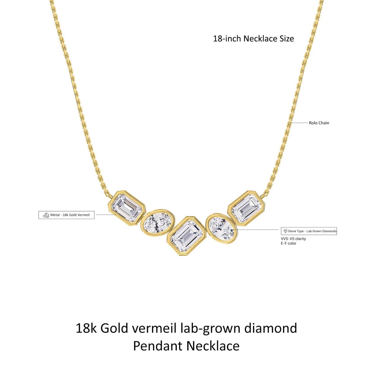 Lab Created 18k Vermeil Plated Silver 3.2 Ct Multi Shape Lab Grown Diamond Pendant Necklace 18"