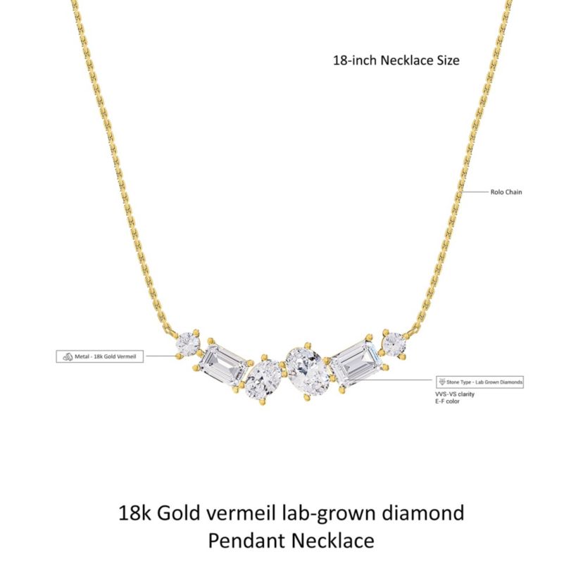 Lab Created 18k Vermeil Plated Silver 3 Ct Multi Shape Lab Grown Diamond Pendant Necklace 18"
