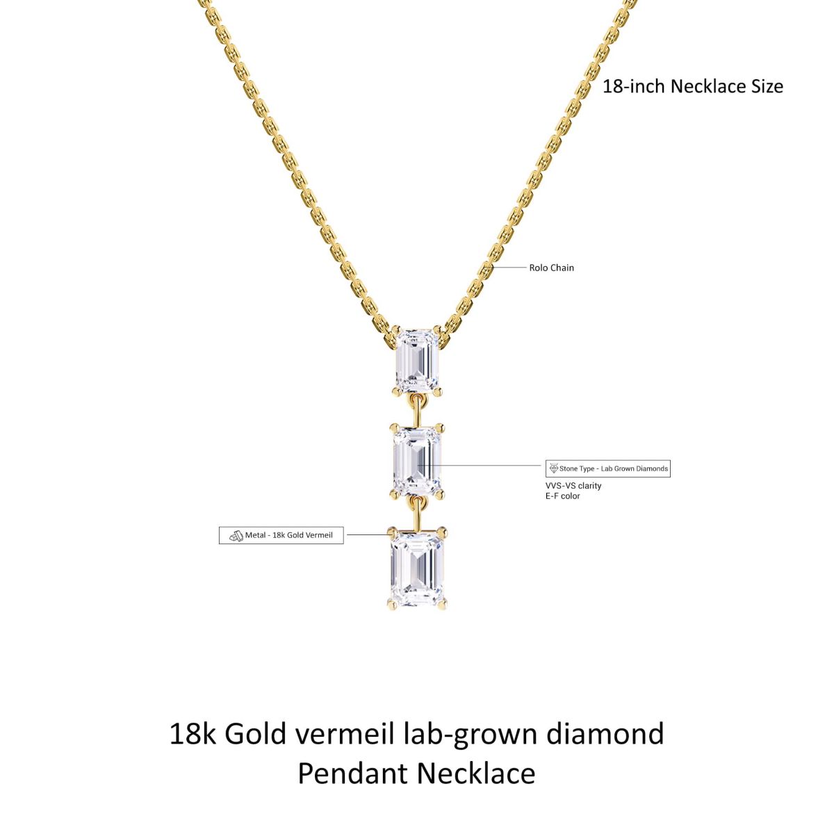 Lab Created 18k Vermeil Plated Silver 2.8 Ct Emerald Cut Lab Grown Diamond Pendant Drop Necklace 18"