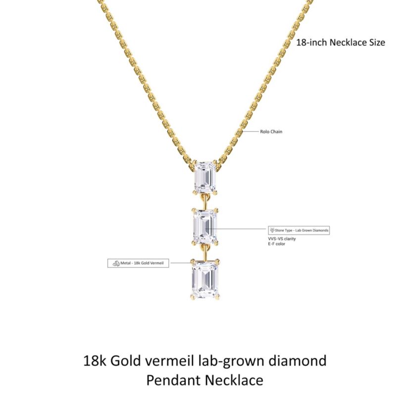 Lab Created 18k Vermeil Plated Silver 2.8 Ct Emerald Cut Lab Grown Diamond Pendant Drop Necklace 18"