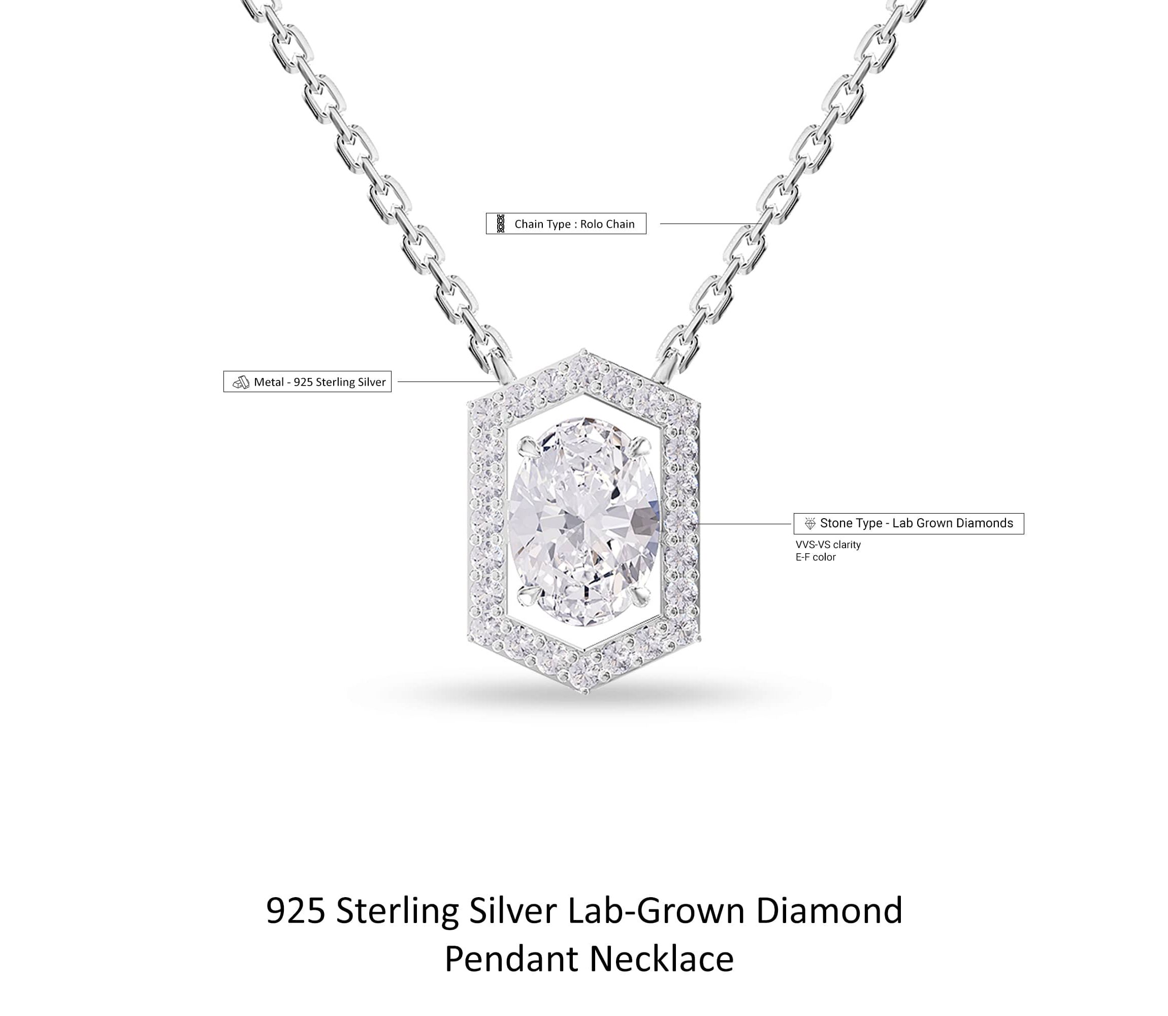 Lab Created Sterling Silver 2 ct Oval Cut Lab Grown Diamond Pendant Necklace 18"