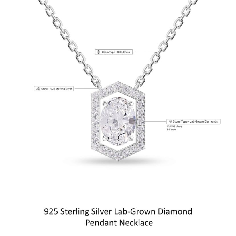 Lab Created Sterling Silver 2 ct Oval Cut Lab Grown Diamond Pendant Necklace 18"