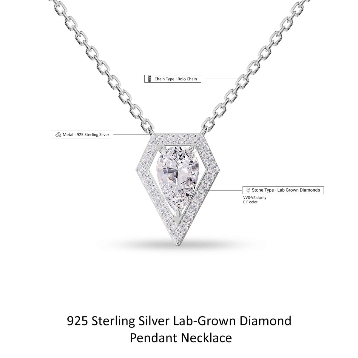 Lab Created Sterling Silver 1.5 ct Pear Cut Lab Grown Diamond Pendant Necklace 18"