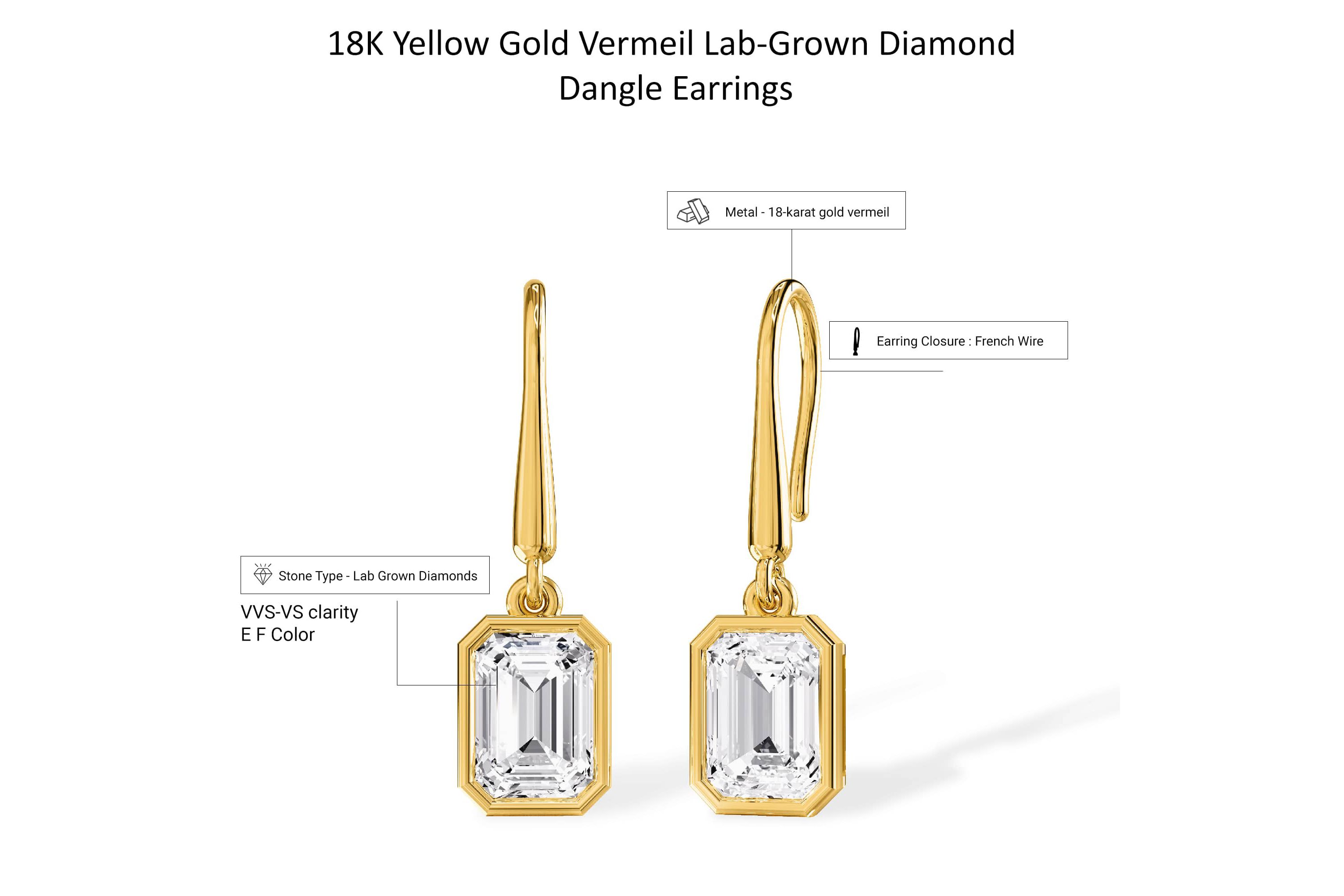 Lab Created 18k Vermeil Plated Silver 2.3 Ct Lab Grown Diamond Drop Dangle Earrings VVS-VS, E-F