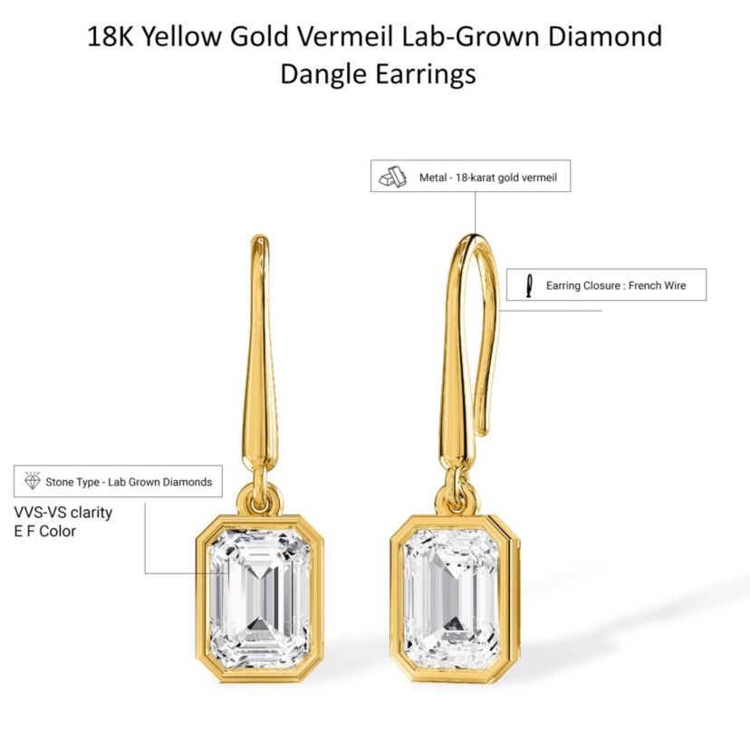 Lab Created 18k Vermeil Plated Silver 2.3 Ct Lab Grown Diamond Drop Dangle Earrings VVS-VS, E-F
