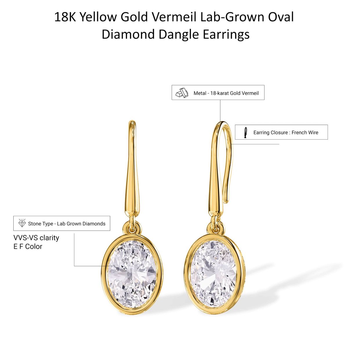 Lab Created 18k Vermeil Plated Silver 2.4 Ct Oval Cut Lab Grown Diamond Drop Dangle Earrings