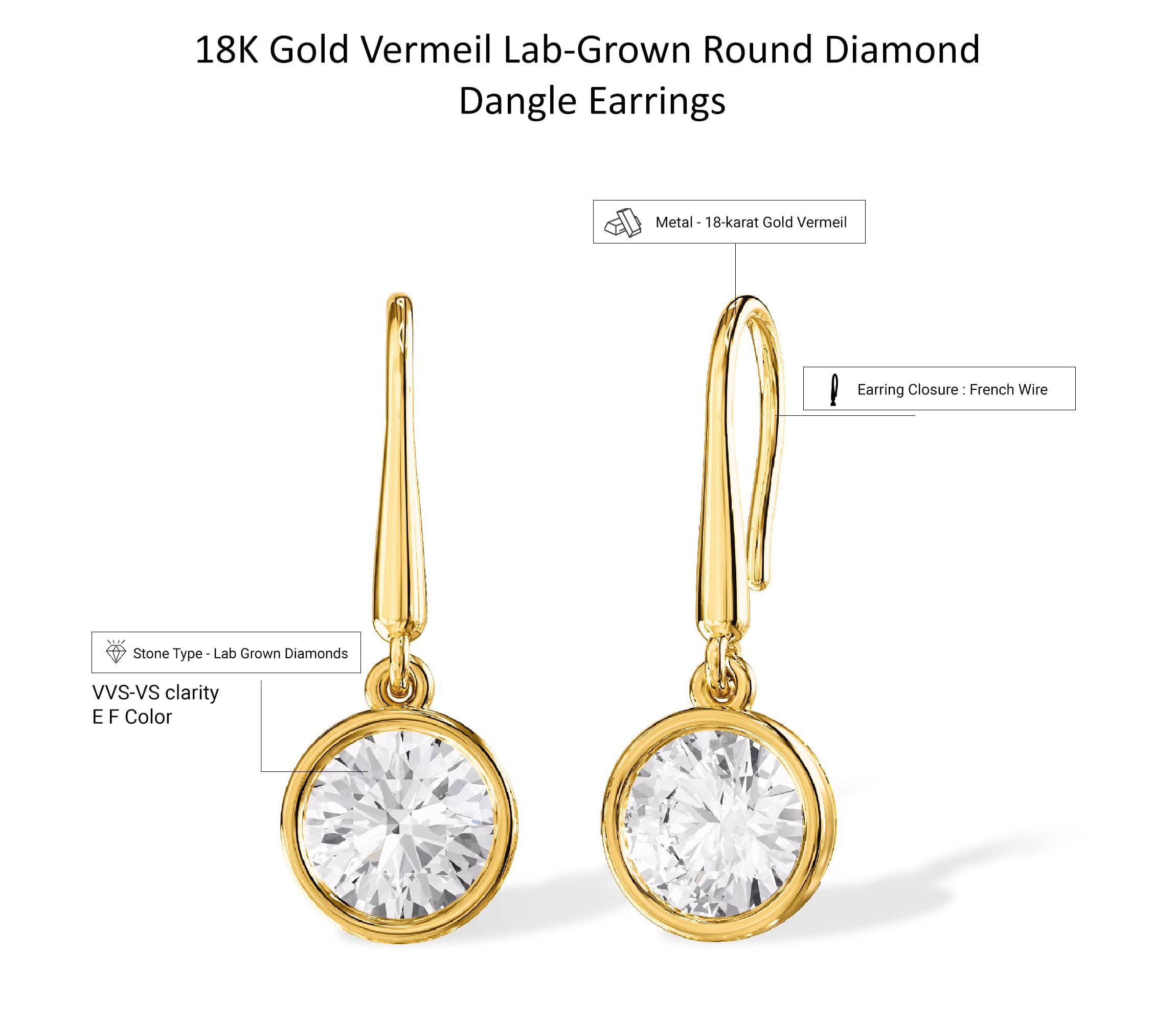 Lab Created 18k Vermeil Plated Silver 2 Ct Round Lab Grown Diamond Drop & Dangle Earrings