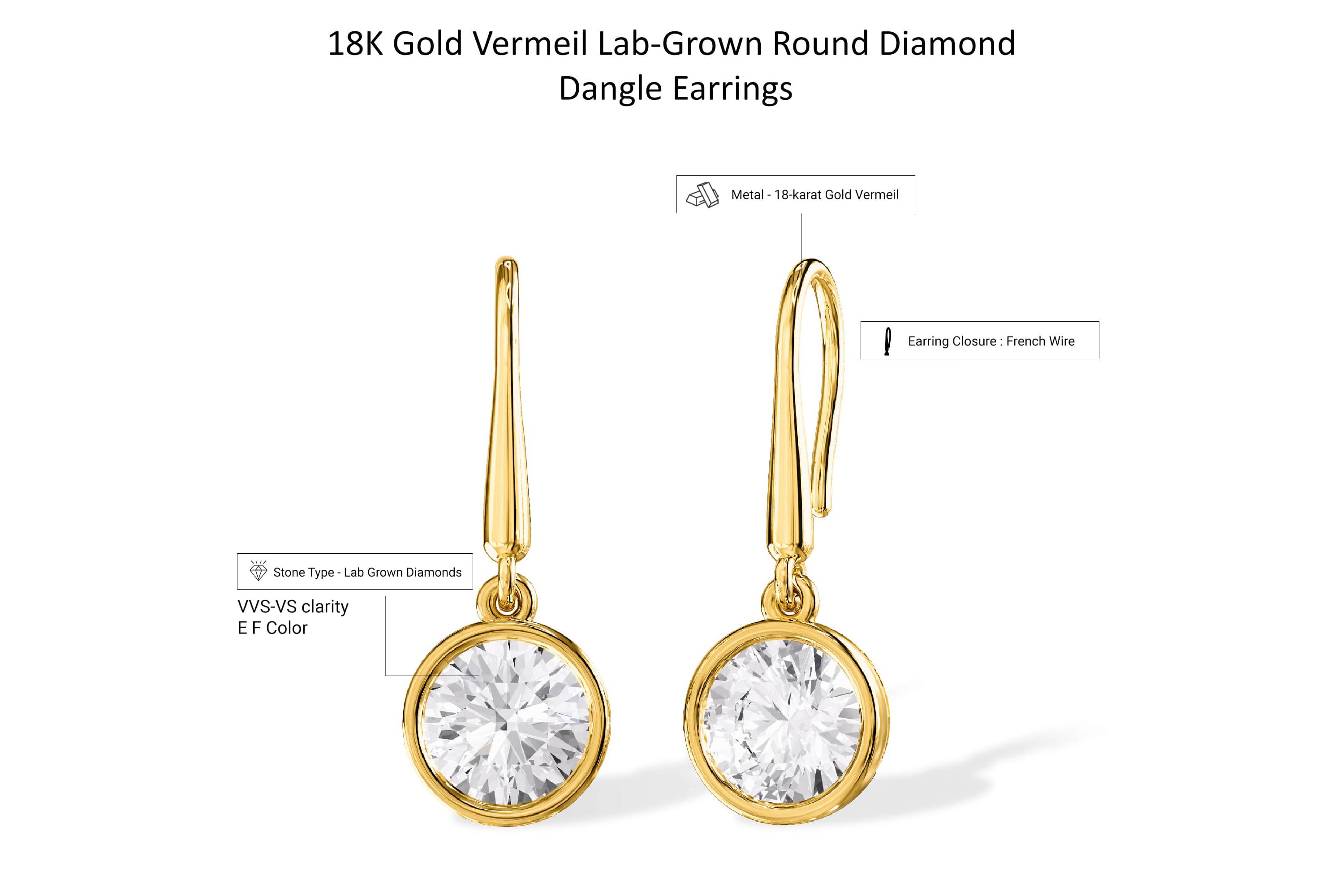 Lab Created 18k Vermeil Plated Silver 2 Ct Round Lab Grown Diamond Drop & Dangle Earrings VVS-VS, E-F
