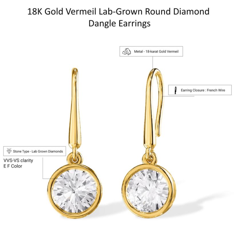 Lab Created 18k Vermeil Plated Silver 2 Ct Round Lab Grown Diamond Drop & Dangle Earrings VVS-VS, E-F