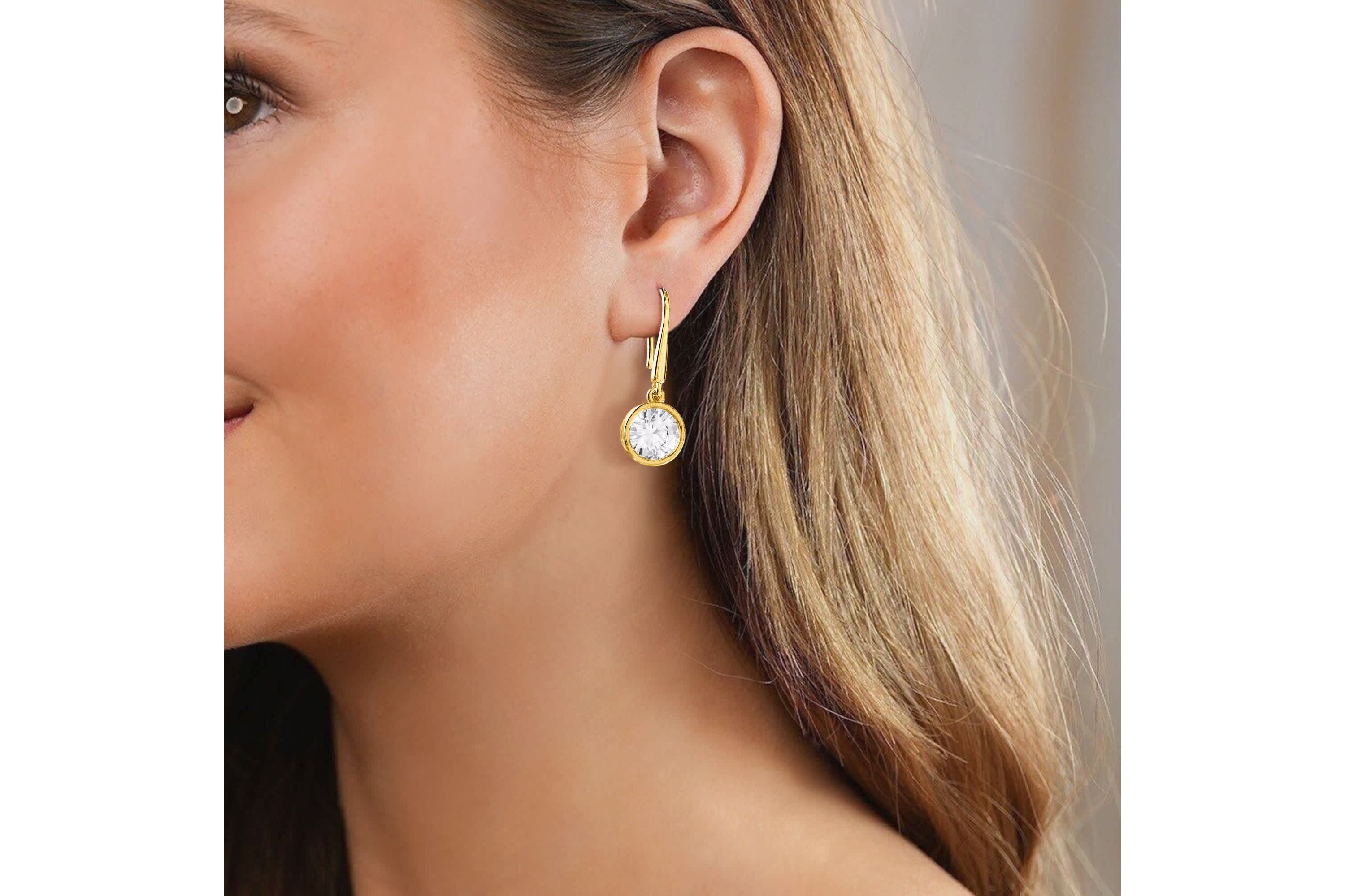 Lab Created 18k Vermeil Plated Silver 2 Ct Round Lab Grown Diamond Drop & Dangle Earrings VVS-VS, E-F