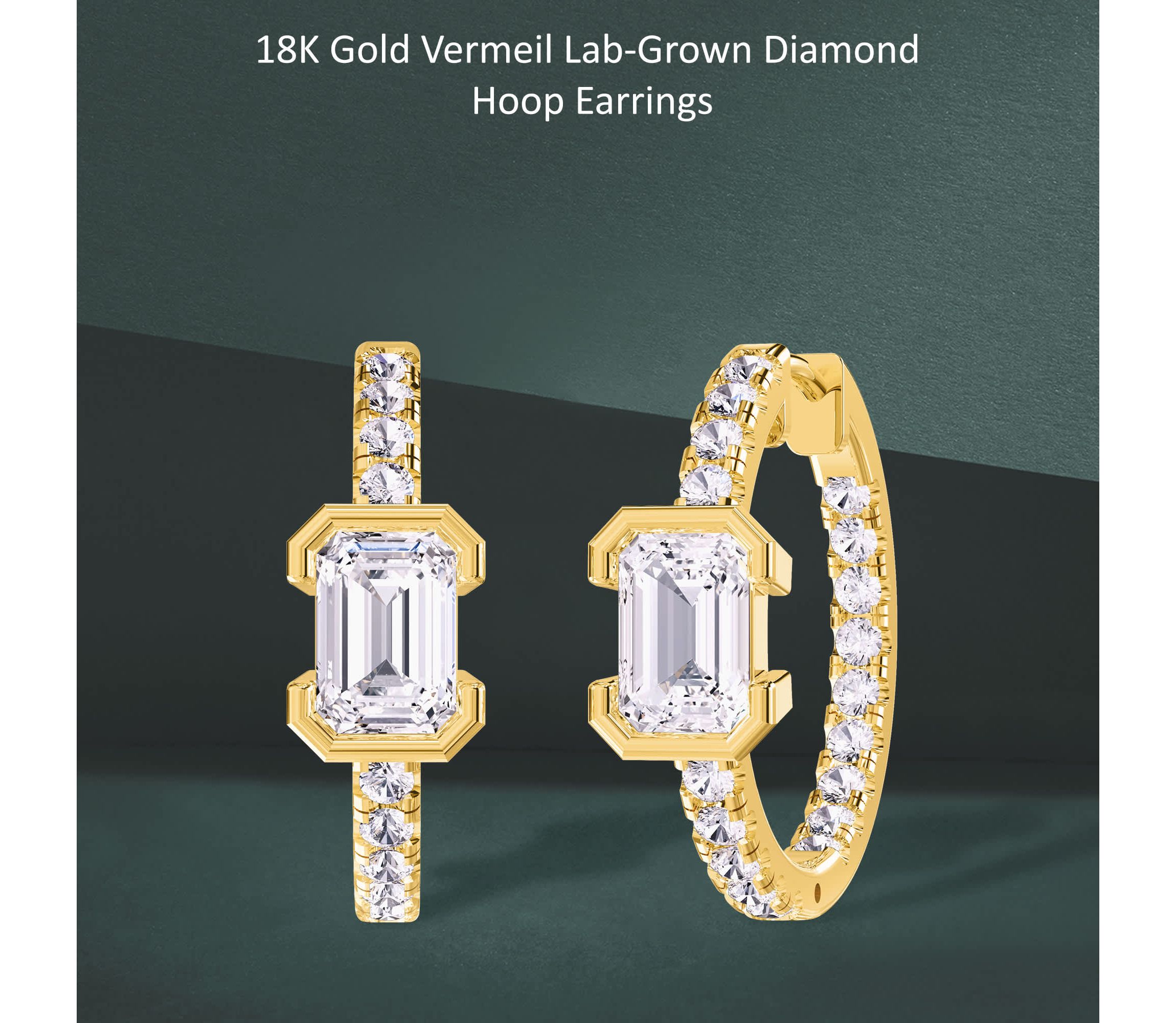 Lab Created 18k Vermeil Plated Silver 2.75 Ct Emerald Cut Lab Grown Diamond Hoop Earrings