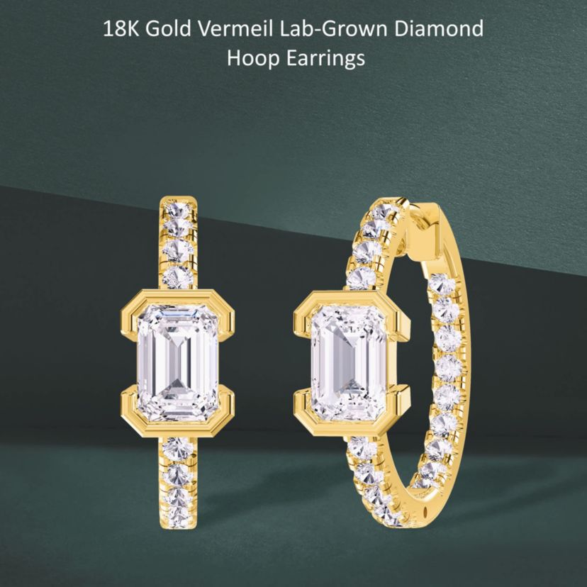 Lab Created 18k Vermeil Plated Silver 2.75 Ct Emerald Cut Lab Grown Diamond Hoop Earrings