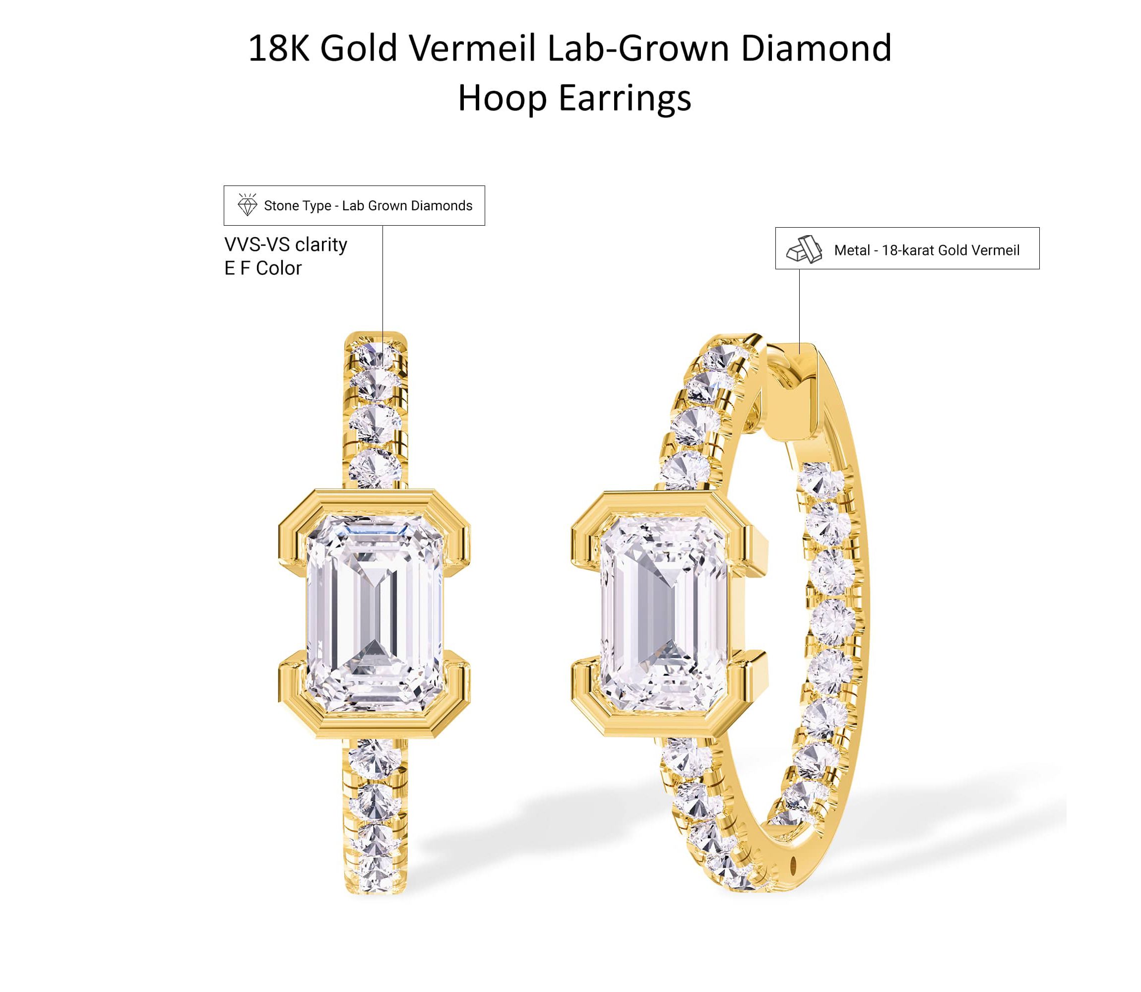 Lab Created 18k Vermeil Plated Silver 2.75 Ct Emerald Cut Lab Grown Diamond Hoop Earrings
