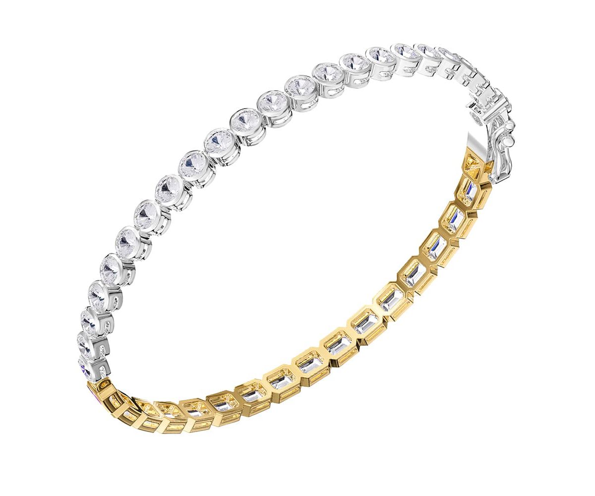 Lab Created Sterling Silver Two-tone 6.4 ct Round & Emerald cut Lab Grwon Diamond Tennis Bracelet  7"