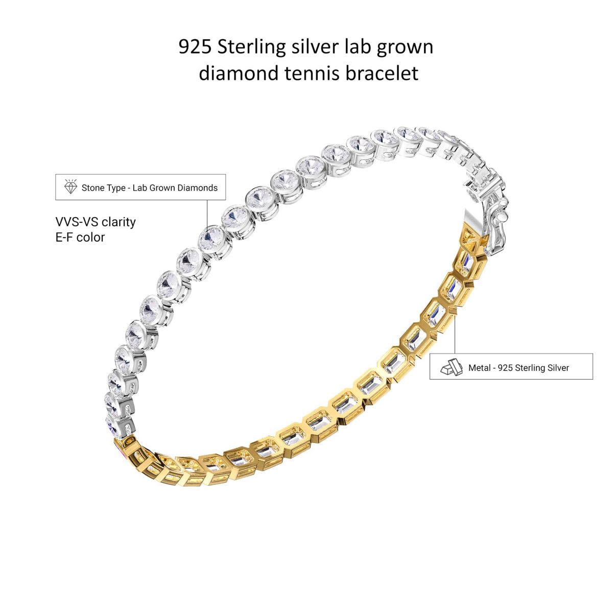 Lab Created Sterling Silver Two-tone 6.4 ct Round & Emerald cut Lab Grwon Diamond Tennis Bracelet  7"