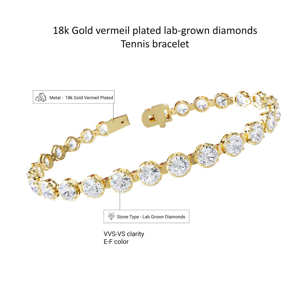 Lab Created 18k Vermeil Plated Silver 10.5 Ct Round Lab Grown Diamond Tennis Bracelet 7"