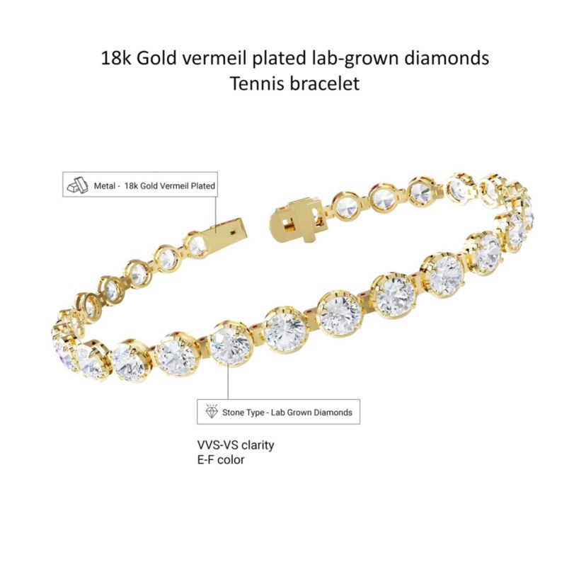 Lab Created 18k Vermeil Plated Silver 10.5 Ct Round Lab Grown Diamond Tennis Bracelet 7"