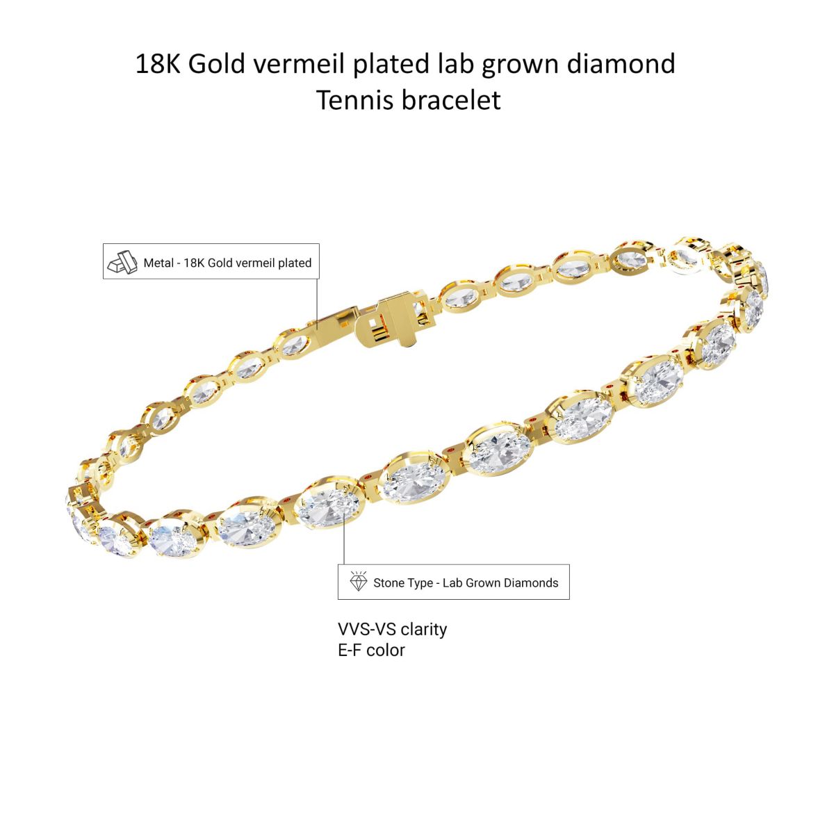 Lab Created 18k Vermeil Plated Silver 4.8 ct Oval Cut Lab Grown Diamond Tennis Bracelet 7"