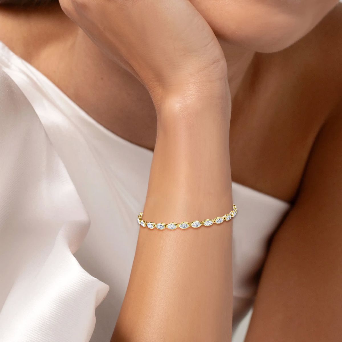 Lab Created 18k Vermeil Plated Silver 4.8 ct Oval Cut Lab Grown Diamond Tennis Bracelet 7"
