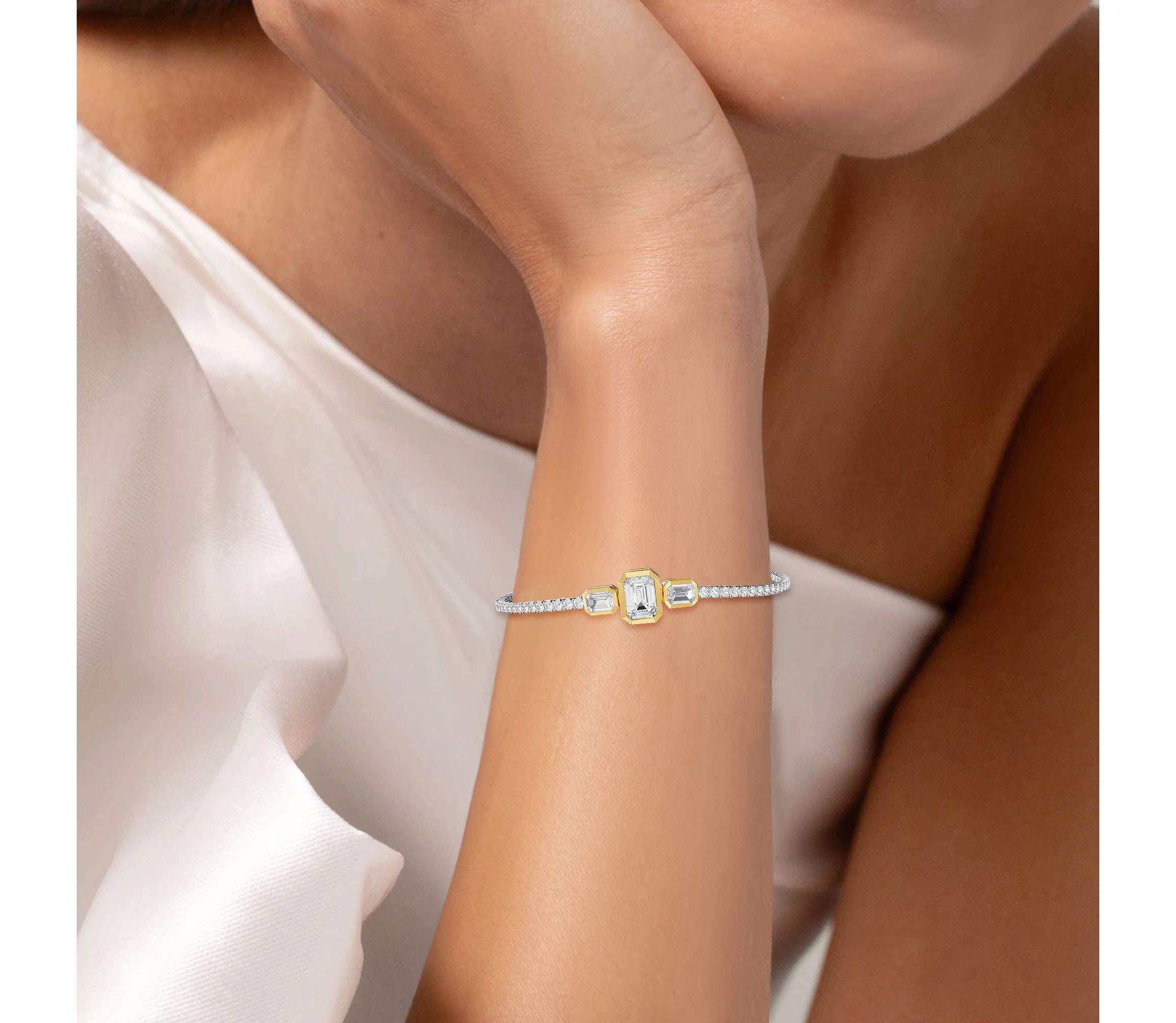 Lab Created 14k Two-tone Gold 5 Radiant Cut Lab Grown Diamond Tennis Bracelet 7"