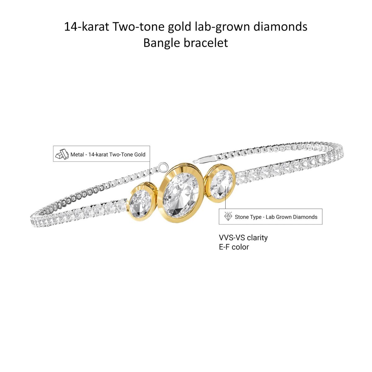 Lab Created 14k Two-tone Gold 3.9 Ct Oval Cut Lab Grown Diamond Bangle Bracelet 7"
