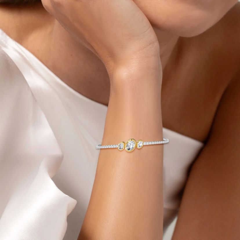 Lab Created 14k Two-tone Gold 3.9 Ct Oval Cut Lab Grown Diamond Bangle Bracelet 7"