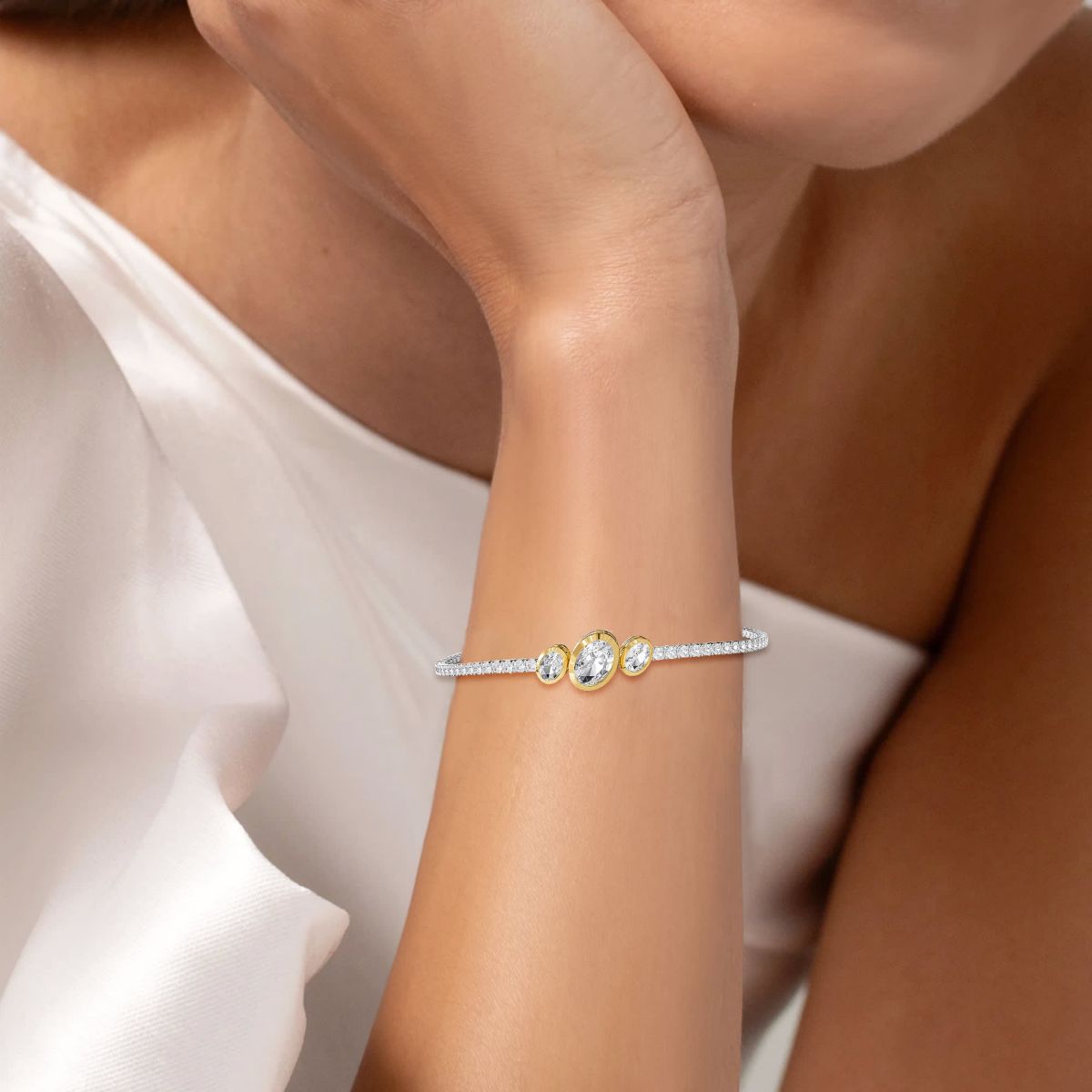 Lab Created 14k Two-tone Gold 3.9 Ct Oval Cut Lab Grown Diamond Bangle Bracelet 7"