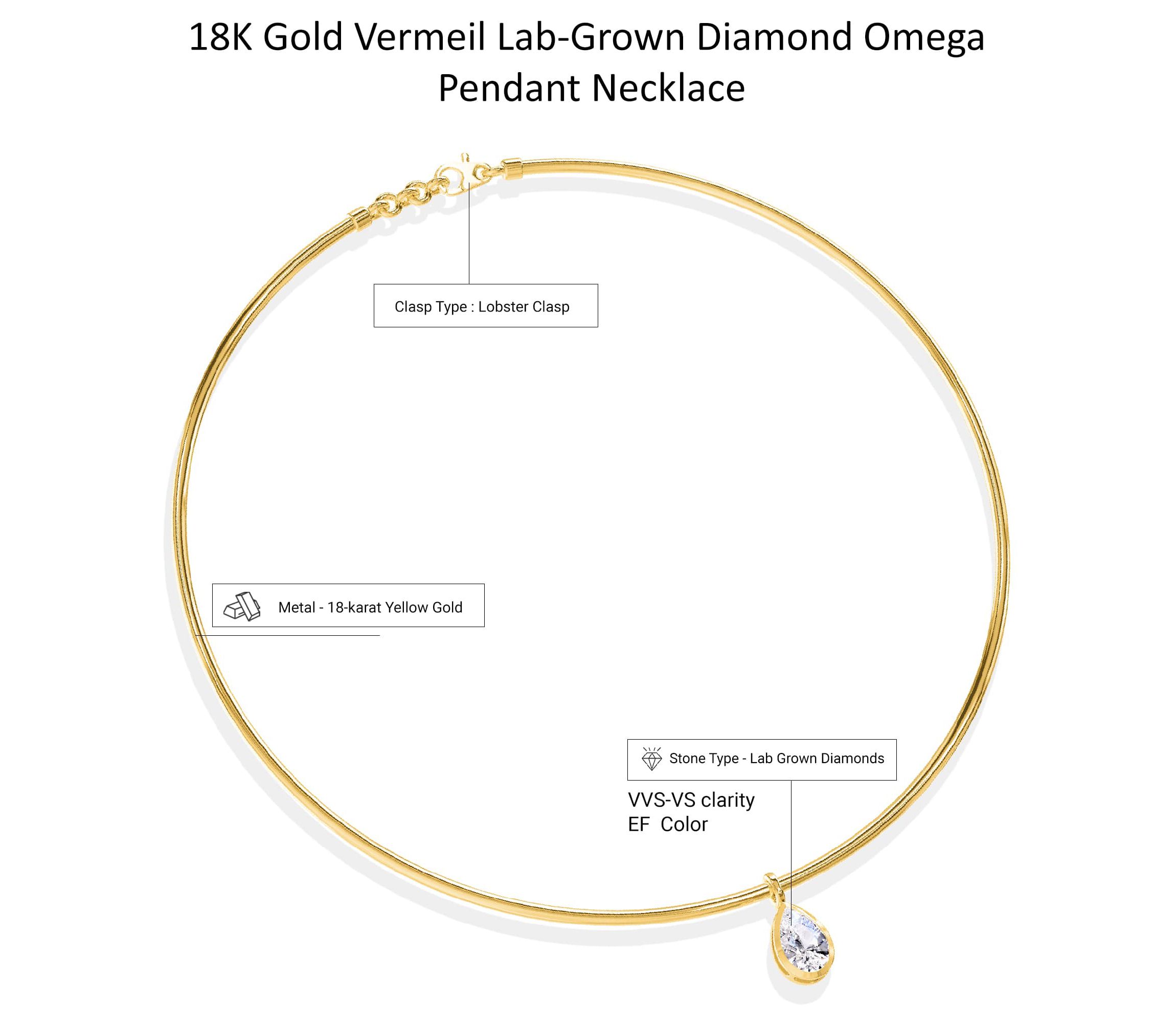 Lab Created 18k Vermeil Plated Silver1 Ct Pear Cut Lab Grown Diamond Pendant Necklace 18"