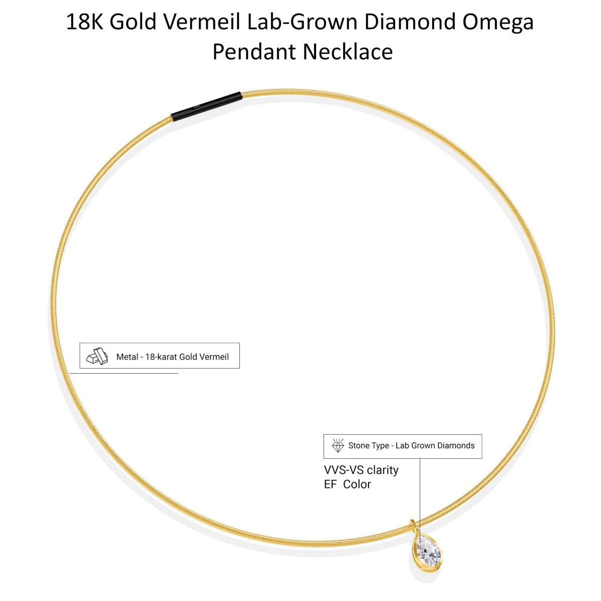 Lab Created 18k Vermeil Plated Silver1.30 Ct Pear Cut Lab Grown Diamond Pendant Necklace 18"