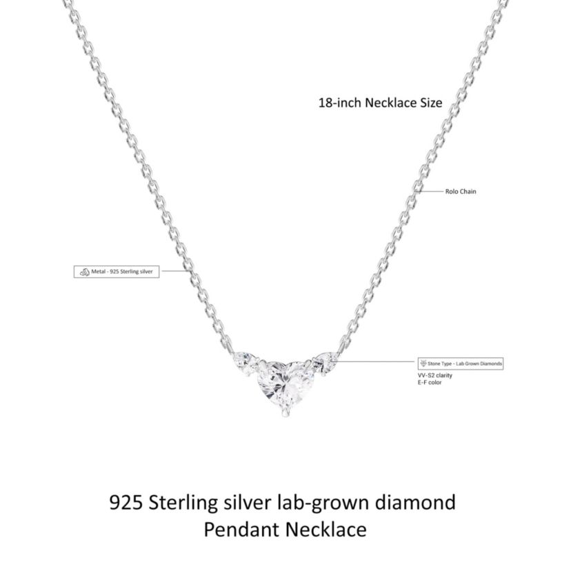 Lab Created Sterling Silver 3.15 Ct Heart shape Lab Grown Diamond Heart Pendant Necklace 18"